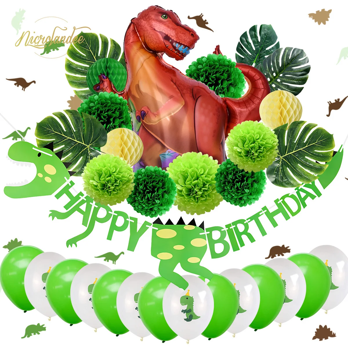 

NICROLANDEE 32 pcs/set Dinosaur Child Kid Happy Birthday Party Decoration Kit Roar Kids 1st Green Home New DIY Party