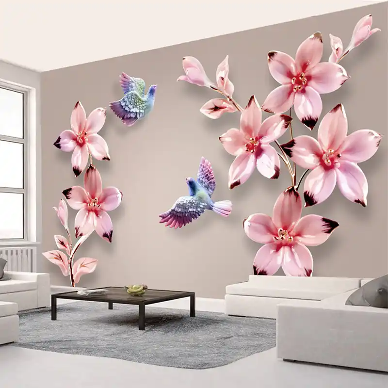 Papel Tapiz De Pared Personalizado Con Diseno De Flores Y Pajaros
