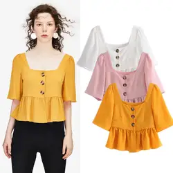 Женская весенне-летняя модная винтажная короткая блуза сплошного цвета с кнопками и квадратным воротником