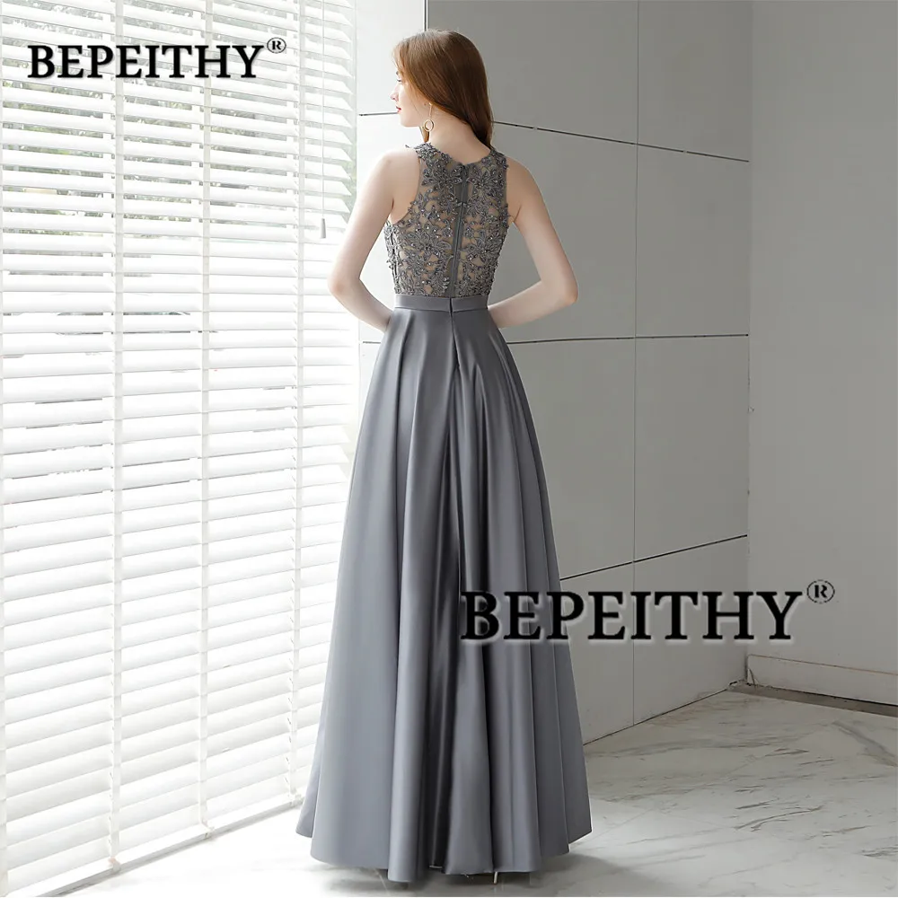 Vestido De Festa Gray Long Evening Dress 2020 O Neck Lace Top Vintage Elegant Prom Party Dresses Abendkleider Hot Sale