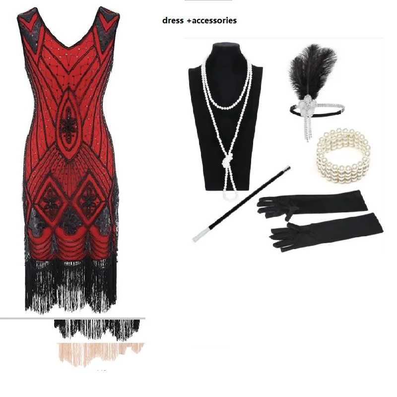 S-3xl 1920s Gatsby Sequin Fringed Flapper Dress With 20s Accessories Set  Boa Headband Necklace Gloves Cigarette Holder - Dresses - AliExpress