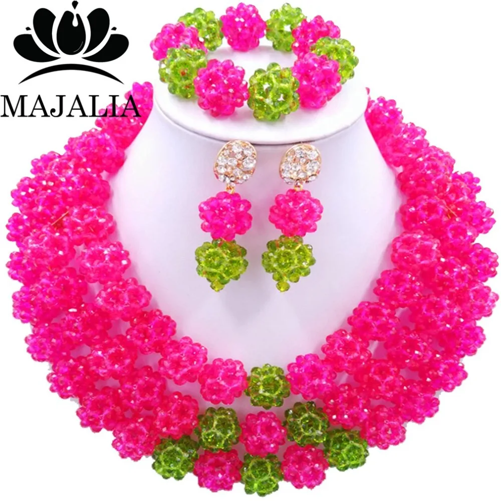 

Trendy Nigeria Wedding Fuchsia Pink african beads jewelry set crystal necklace bracelet earrings Free shipping Majalia-088