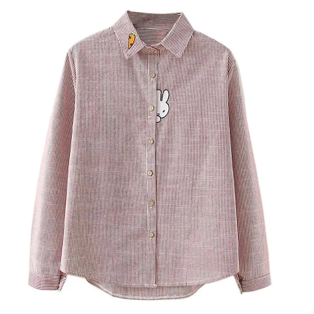 Fashion Rabbit Embroidery Striped Blouse Women Blouses Streetwear Turn