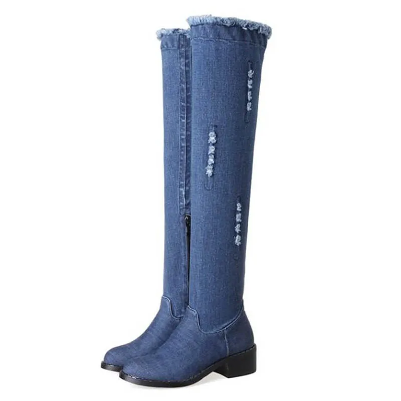 Fashion Women Knee-high Long Boots Slim Showing Med Heel Spring Autumn Shoes Slip-on Leisure Casual Boots Plus Size 33-43 Blue (9)