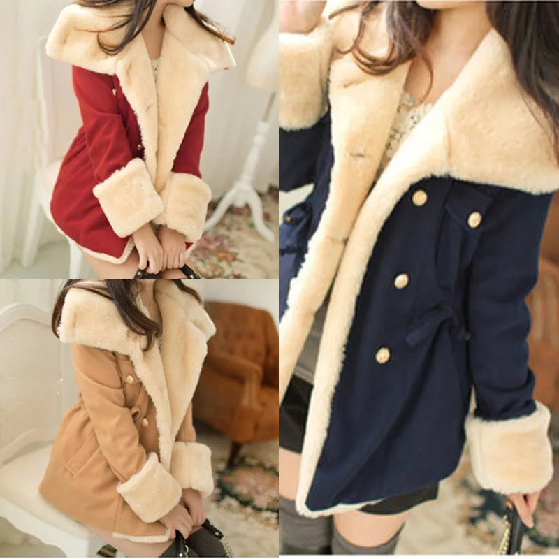 

Lady Women Slim Double Breasted Autumn&Winter Warm Flannel Slim Coat Jacket JL
