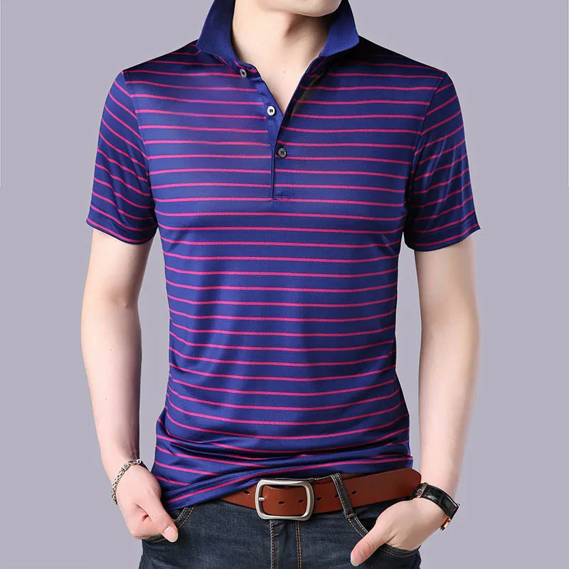

2019 100% Real Silk Men striped Polo Shirt Men Business Casual mens polo shirts with short sleeve men's polo shirt high quality
