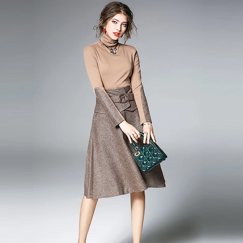 

New Arrival 2018 Spring 2Pcs Sets Womens Turtleneck Long Sleeve Knitted Tops And Woolen Sashes Skirt Suits Sets Plus Size S-3XL