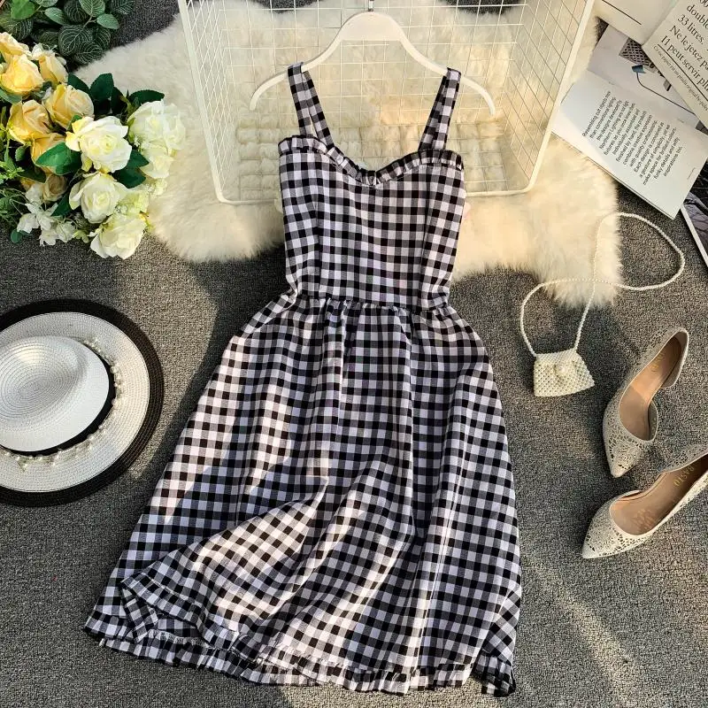 

Fashion Ladies 2019 Slim Sexy Ruffles Summer Plaid Print Mini Short Dress Party High Waist Women Casual Spaghetti Strap Vestidos