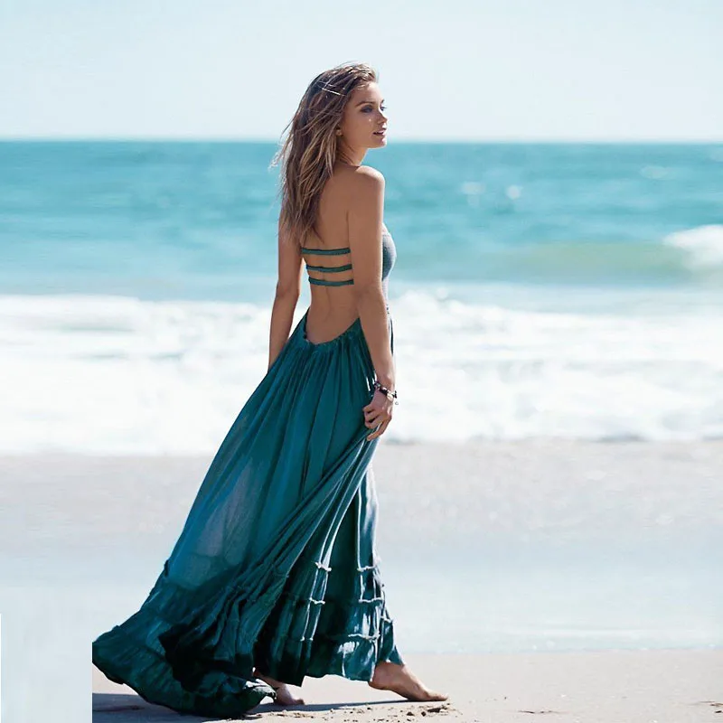 Najtaniej Boho chic długa sukienka Halter szyfonowa kobiety Backless 2019 Maxi sukienki na plaży nosić styl mori girl Vestidos seksowny przedział plaża letnia sukienka