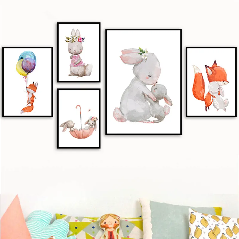 

Nordic Cartoon Rabbit Fox Balloon Wall Art Canvas Painting Prints Animals Poster Wall For Baby Bedroom Nursery Home Decor LB208