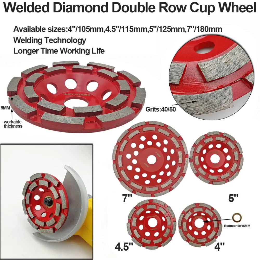 DIATOOL Diameter 4"/100mm Professional Welded Diamond Double Row Grinding Cup Wheel For Concrete, Bore 22.23mm With16mm Reducer