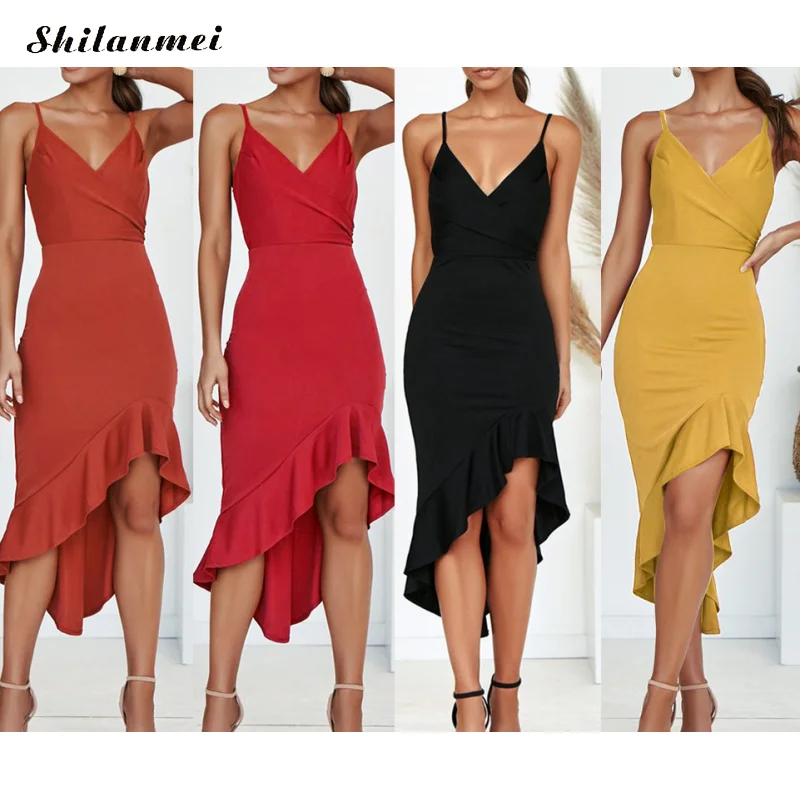 

2019 New Summer Dress V Neck Sexy Dress Women Spaghetti Strap Vestido Ruffles Strapless Elegant Dress Midi Mermaid Party Dress