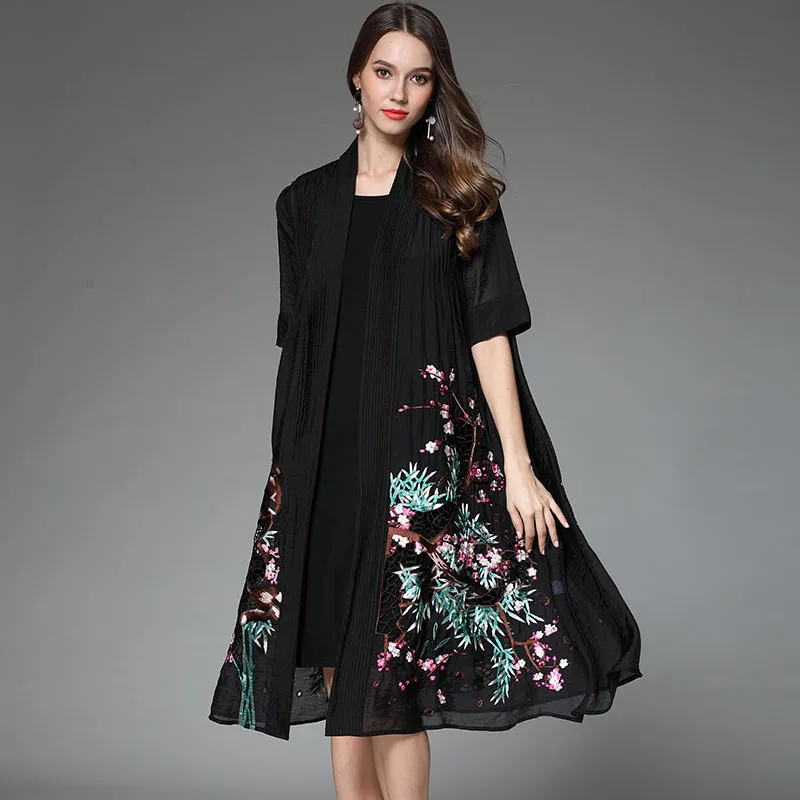 High end floral summer women trench coat dress loose ladies embroidery