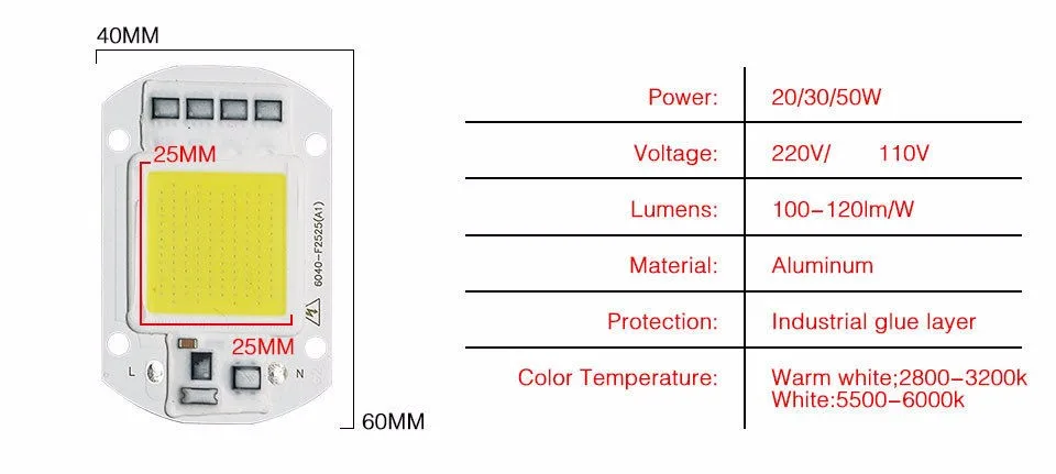 Светодиодный лампа COB 20 W 30 W 50 W Светодиодный чип 220 V 110 V смарт-ic ИС формирователя холодной/теплый белый/полный ассортимент с радиатором