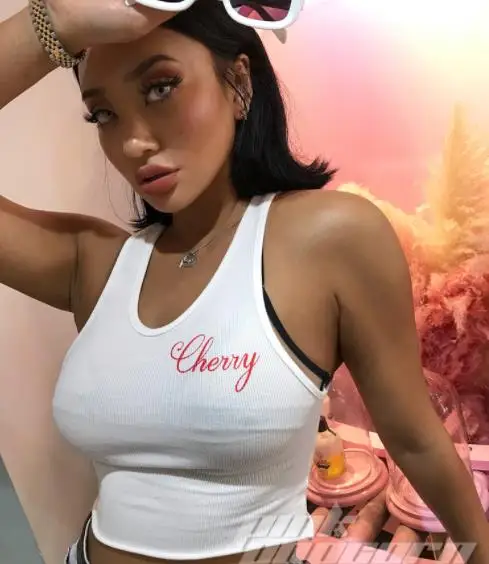 

Sexy Cherry Letter Print White Bandage Elastic Crop Top Summer Women Workout Fit Short Tank Vest Sleeveless Tee Cropped Bustier