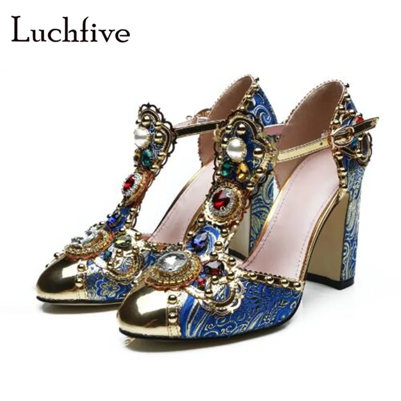 

Rhinestone pearls women sandals ankle buckle strap round toe ladies shoes chunky high heels casual party shoes leisure outwear