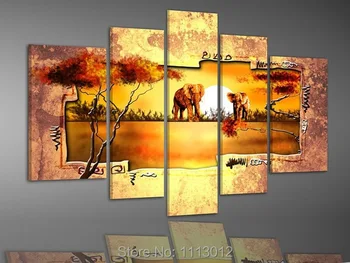 

Hot Sale Modern Yellow Tree Elephant Oil Painting On Canvas Abstract 5 Panel Arts Set Home Decor Wall Picture For Living Room