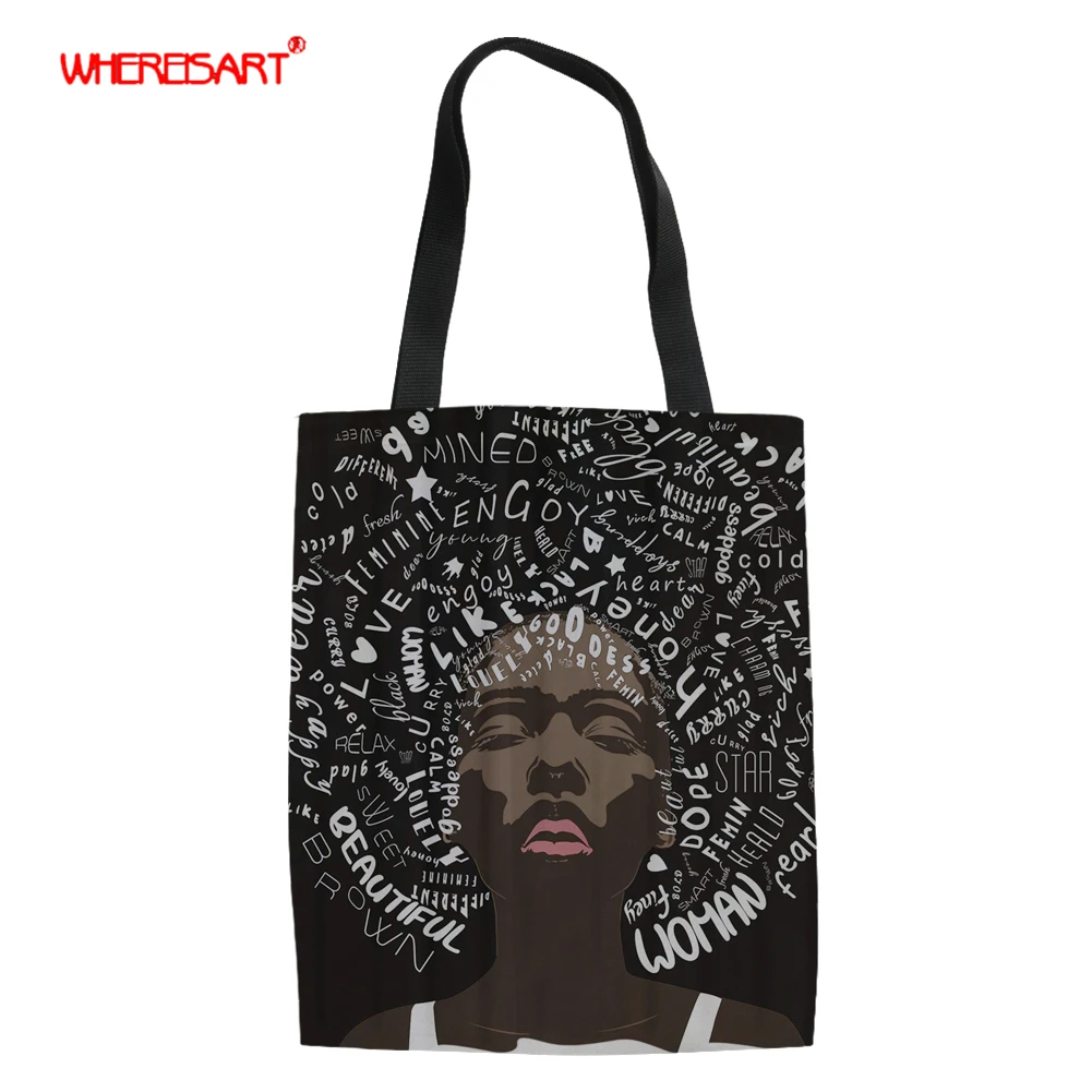 

WHEREISART Women Canvas Shoulder Bags Female Eco Cloth Handbag Tote African Black Queen Printed Reusable Foldable Shopping Bag