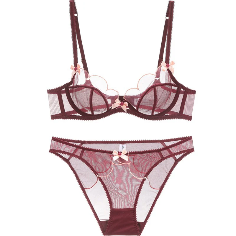 

Petal Shaped transparent bra seethrough lingerie set unlined push up Underwire bow underwear women sexy mesh bra set exotic set