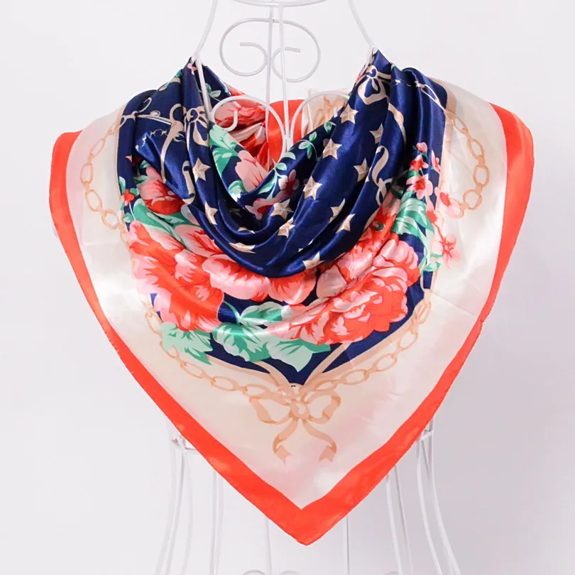 navy blue red peony Элегантный женский большой квадратный шелковый шарф с принтом, 90*90 см, модный весенний и осенний серый и фиолетовый Шелковый шарф из полиэстера, шаль - Цвет: navy blue red peony
