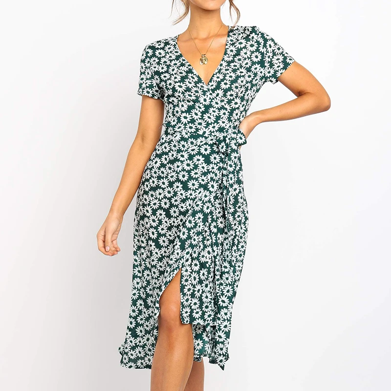 

Daisy Print V Neck Women Long Dress Casual Short Sleeve Summer Dress Elegant Ladies Bodycon Sundress Leisure Floral Robe Femme
