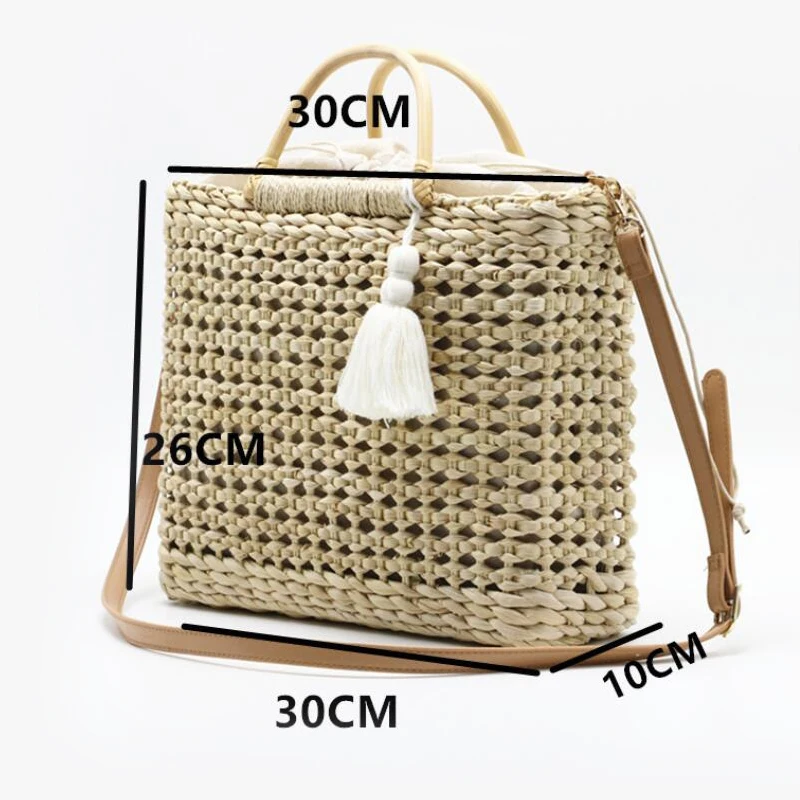 2 цвета, Плетеная соломенная сумка с полой бахромой, деревянная ручка, натуральный цвет, сумка для покупок, женская модная сумка-мессенджер с кисточкой