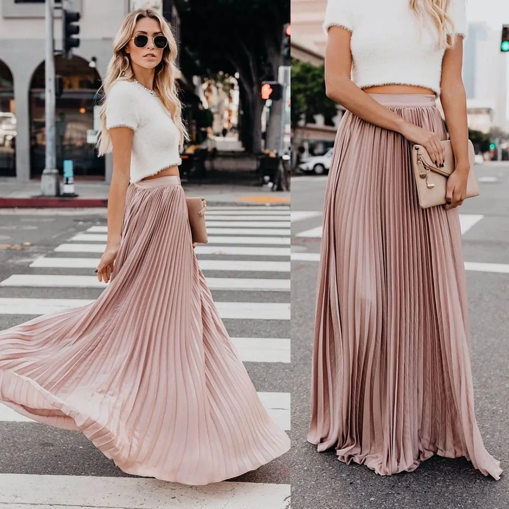 Новые Женские однотонные плиссированные юбки с высокой талией, облегающие свободные богемные длинные юбки DO99