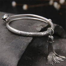 Расширяемый проволочный рыбный браслет с лотосом, серебро 990 пробы, манжета на запястье, кисточка, амулеты браслет с подвесками для детей, девочек, женщин, подарок