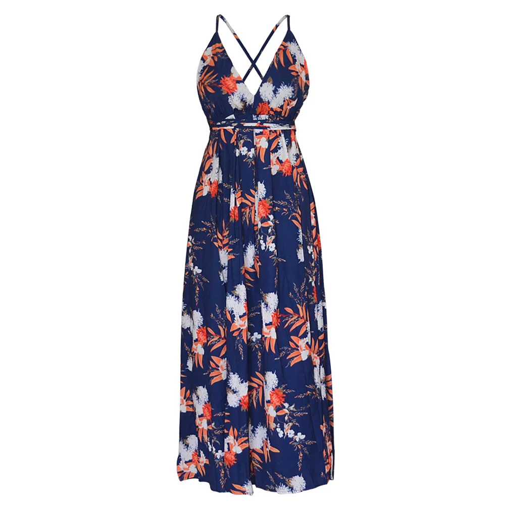 

Sexy 2019 Summer Deep v-neck Backless Beach Dresses Fashion Solid Color and Flower Printed Long Maxi Dress S M L XL XXL