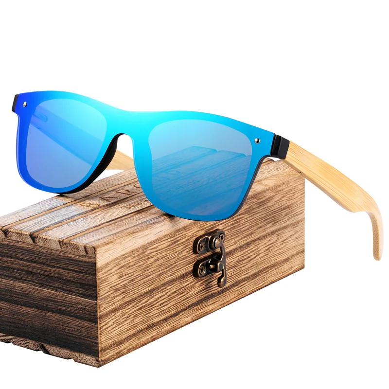 BARCUR, модные деревянные солнцезащитные очки для мужчин, бамбуковые дужки, солнцезащитные очки для женщин, деревянные очки Oculos de sol masculino - Цвет линз: Blue Bamboo temles