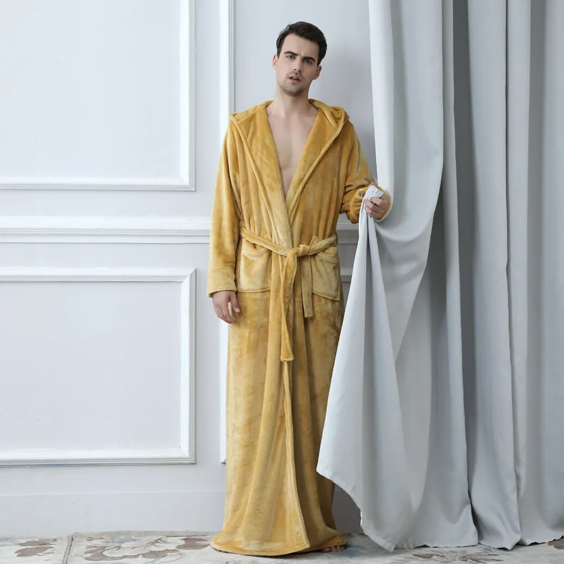 Flannel Robe Male With Hooded Thick Brand Designer Dressing Gown Coral Fleece Mens Bathrobe Winter Long Robe Mens Bath Robe Flannel Robe Male With Hooded Thick Brand Designer Dressing Gown Coral Fleece Mens Bathrobe Winter Long Robe Mens Bath Robe