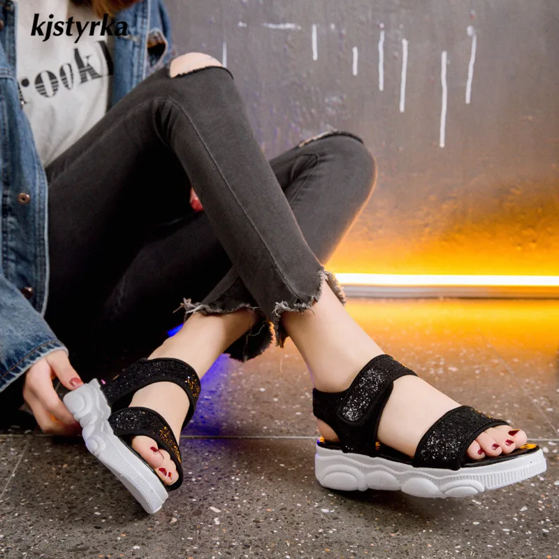 

Summer shoes Women sandals 2019 Fashion sequin cloth hook-loop female sport sandals anti-slip mid-heels Sandalias mujer
