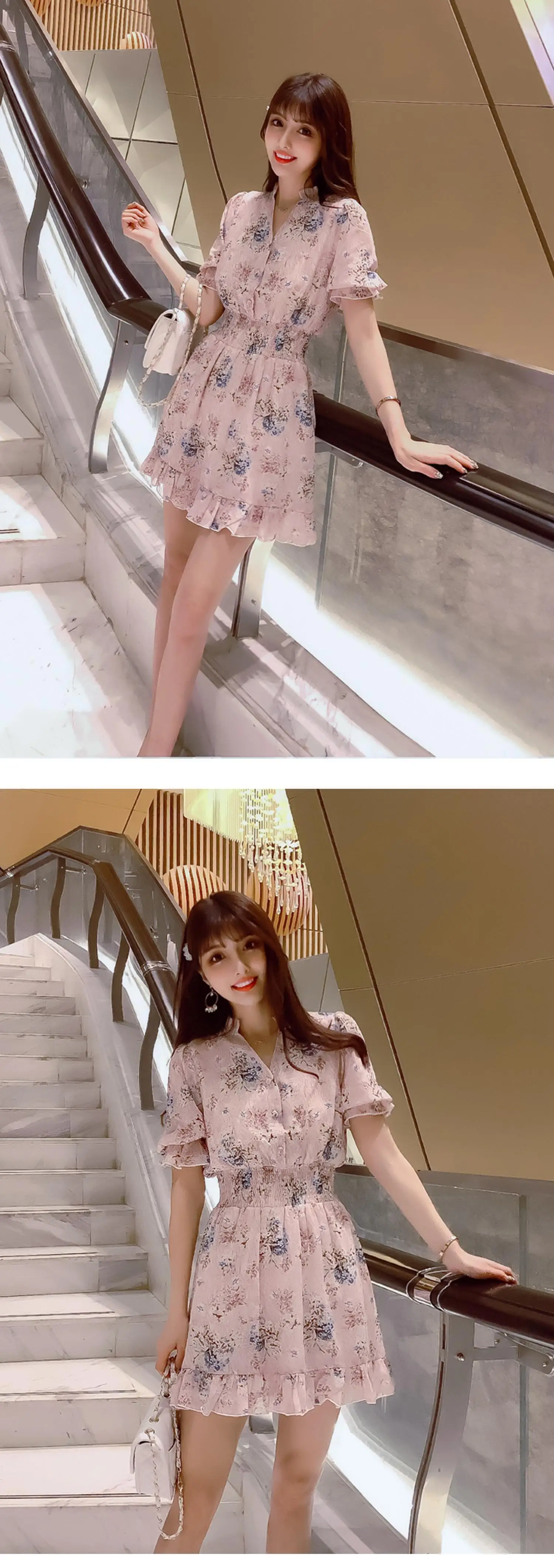 Платье в Корейском стиле летнее цветок из шифона со сборками, Для женщин вечерние элегантный цветочный розовый мини Vestido Curto синий Blanco линия с v-образным вырезом Халат