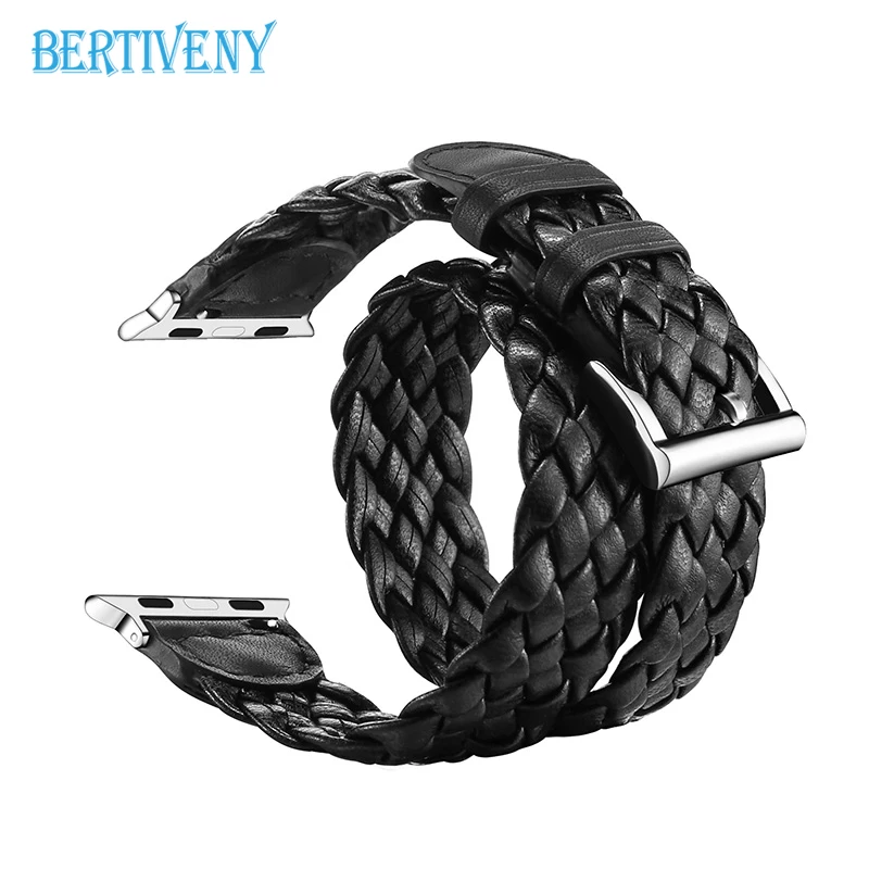 

Woven PU Genuine Leather Band for Apple Watch 42mm 38mm Adjustable double tour strap for iwatch series 3 2 1