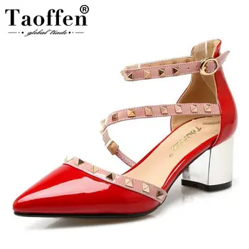 

TAOFFEN Size 32-48 Women Rivets Buckle Sandals Pointed Toe Heels Shoes Women Ankle Strap Party Sandalias Lady Wedding Footwear