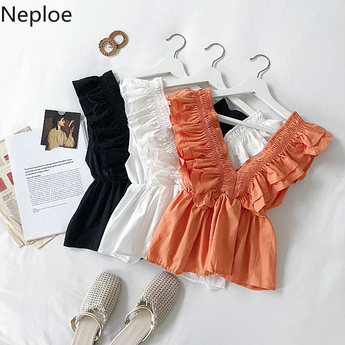 

Neploe Short Sleeveless Ruffle Shirt Female 2019 Summer New Korean Deep V-neck Blouse Stretch High Waist Sweet Tops Blusas 53035