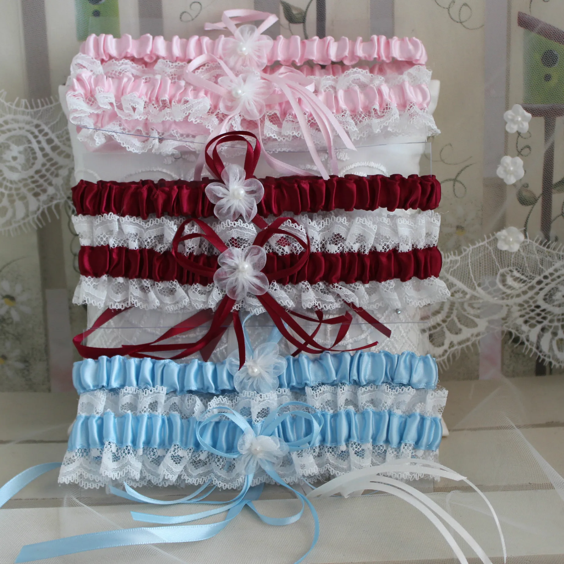 Wedding Accessories Sexy Lace Bowknot Bridal Garter Kit White/Pink/Blue Bride Leg Garters Belt