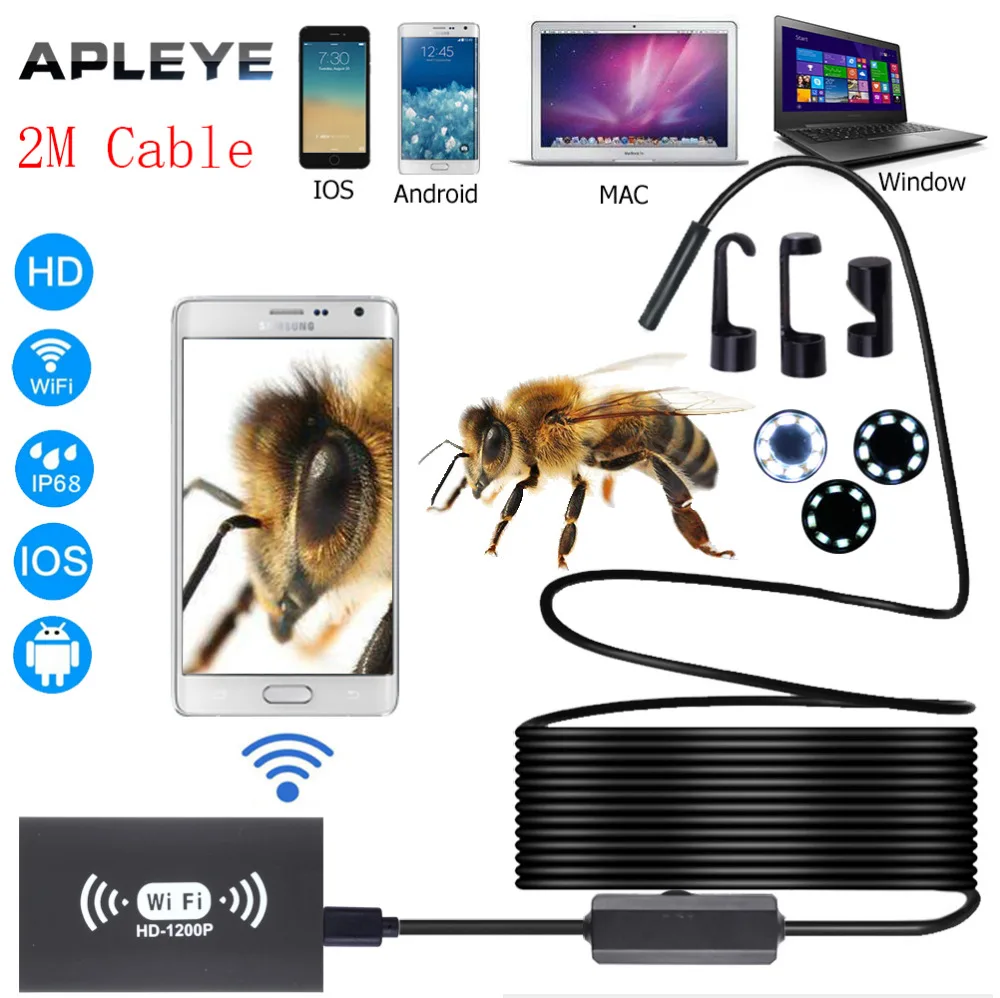 APLEYE 2 м Softwire кабель Wi-Fi эндоскопа Камера 1200 P 8 мм бороскоп USB Endoscopio мини