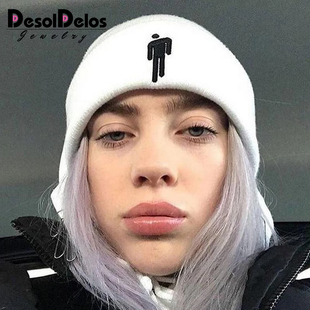 Новая модная вязаная зимняя шапка Billie Eilish с вышивкой для женщин и мужчин, однотонная мягкая шапка в стиле хип-хоп, теплая шапка