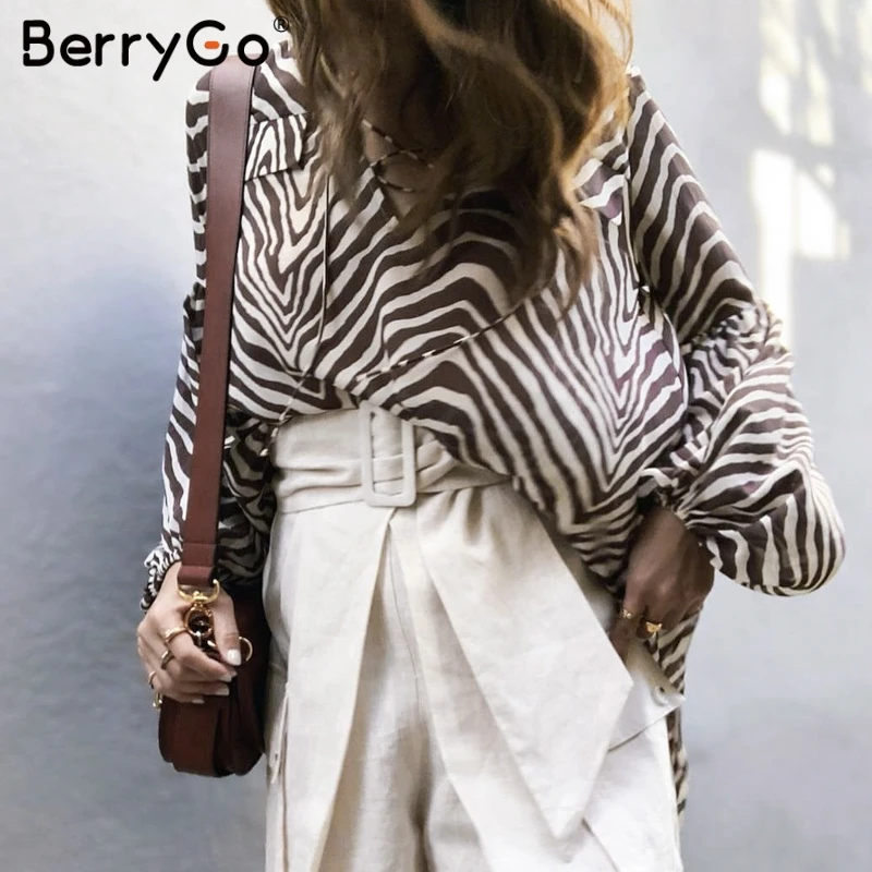  BerryGo Women blouse shirt Zebra stripe print summer blouse Bell long sleeve female top shirt Elega