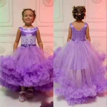 

Lavender High Low Flower Girl Dresses With Sash Ruffles Tiered Lace Appliques Lace Up Back Customized Pageant Gowns Vestidos