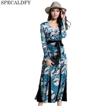 

Winter Velvet Dresses For Women Long Sleeve V-Neck Print Sexy Evening Party Dresses 2020 European Fashion Plus Size Vestidos