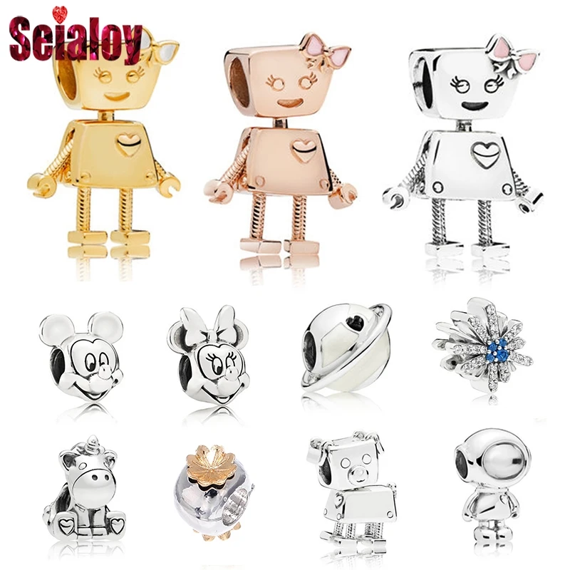 

SEIALOY 2Pcs/lot Cartoon Mickey Robot Bella Beads Charms Accessories Fit DIY Pandora Bracelets & Necklaces For women girls gifts
