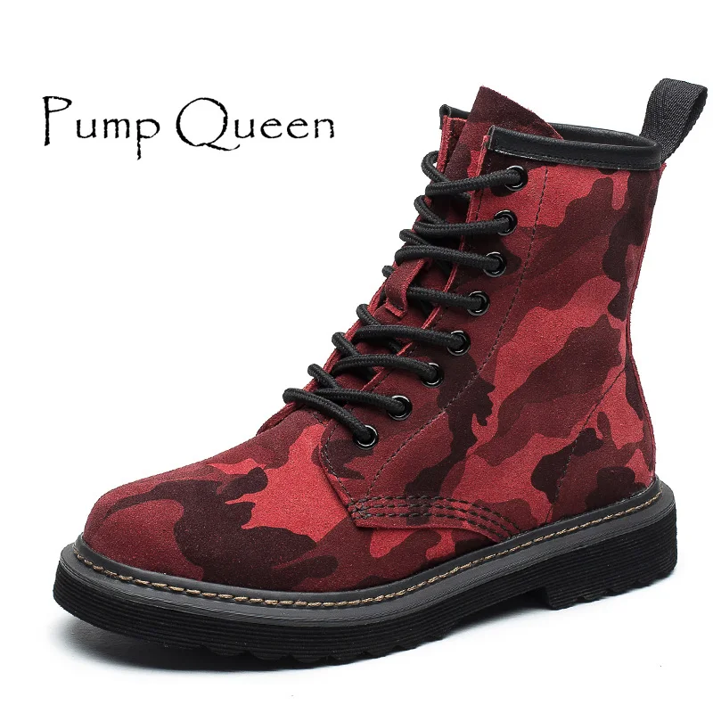 

Camouflage Martin Boots Red Women Shoes For Woman Genuine Leather Female Motorcycle Boots Lace Up 2018 Spring Autumn Round Toe