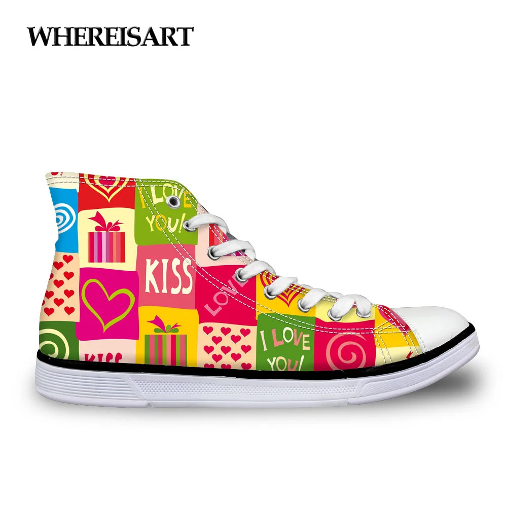 

WHEREISART Heart-shaped Printed Flats Canvas Vulcanize Shoes Women Autumn 2019 High Top Women's Sneakers Comfort Walking Shoes
