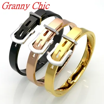 

Granny Chic Titanium Stainless Steel Belt Buckle Bangle Bracelet for Women Rose Gold Black Punk Cuff Bracelet Wristband Men Bang