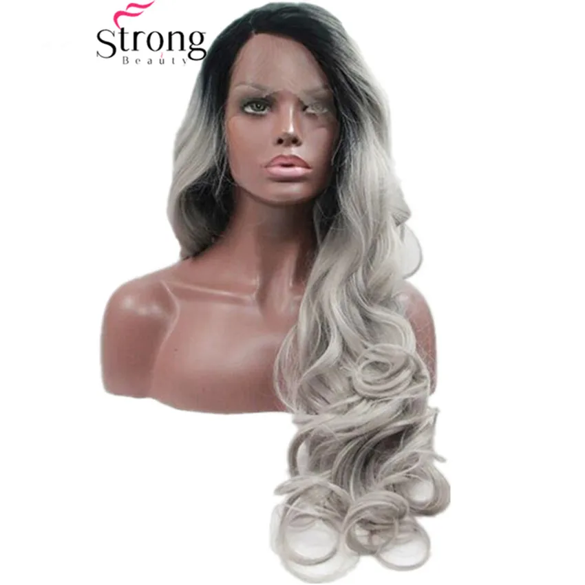 StrongBeauty Омбре серый 2 тона синтетический кружевной передний парик темные корни
