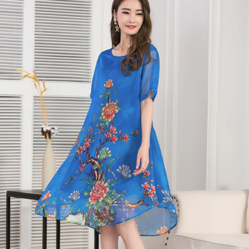 

2018 Summer New Women Elegant Printed Dress Vintage O-neck Short Sleeve Plus Size M-3XL Party Dress Silk Chiffon Female Vestidos