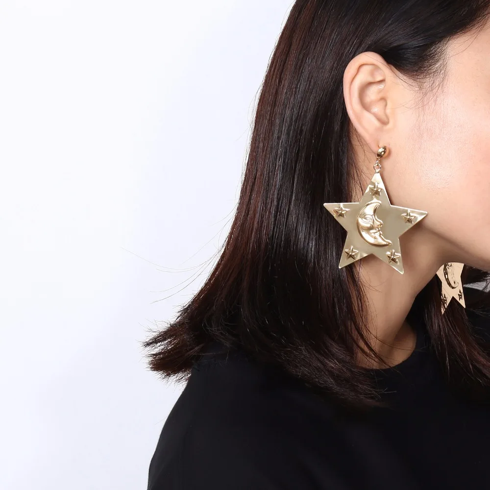 

Exaggerated Personalized Gold Silver Stars Moons Face Graphic Dangle Earrings for Women Girls Punk Party Jewelry Drop Earring