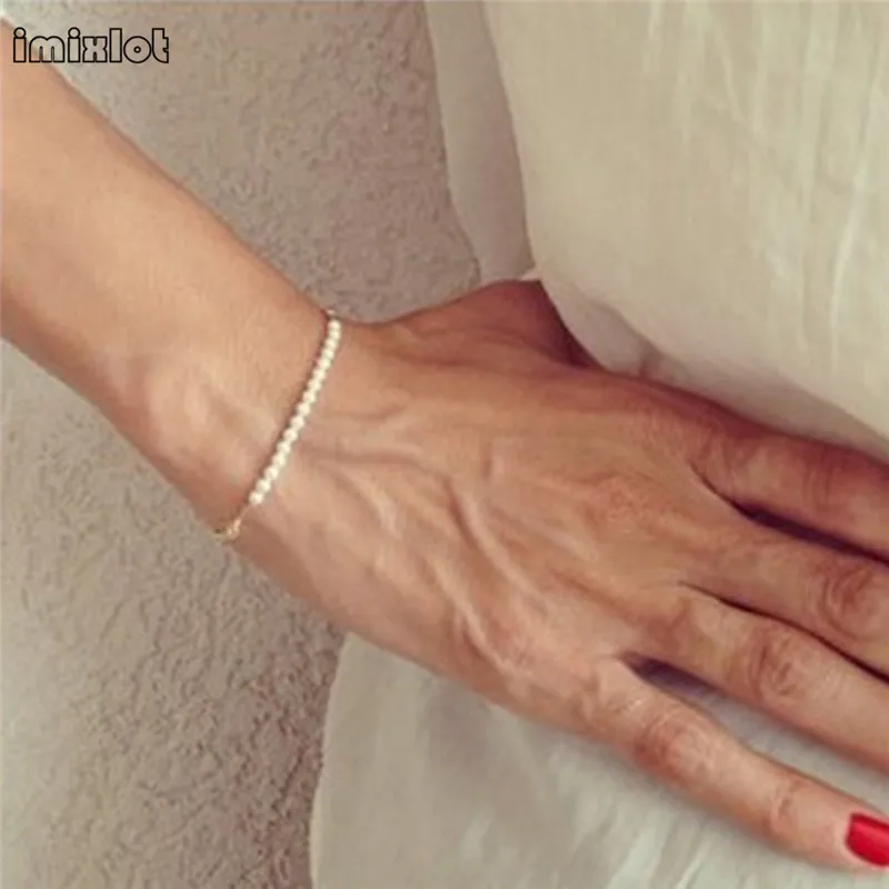 

imixlot Women Girl Simple Handmade Imitation pearls Bracelet Gold Chain Bracelets Bangles pulsera de pulseras mujer pulseira